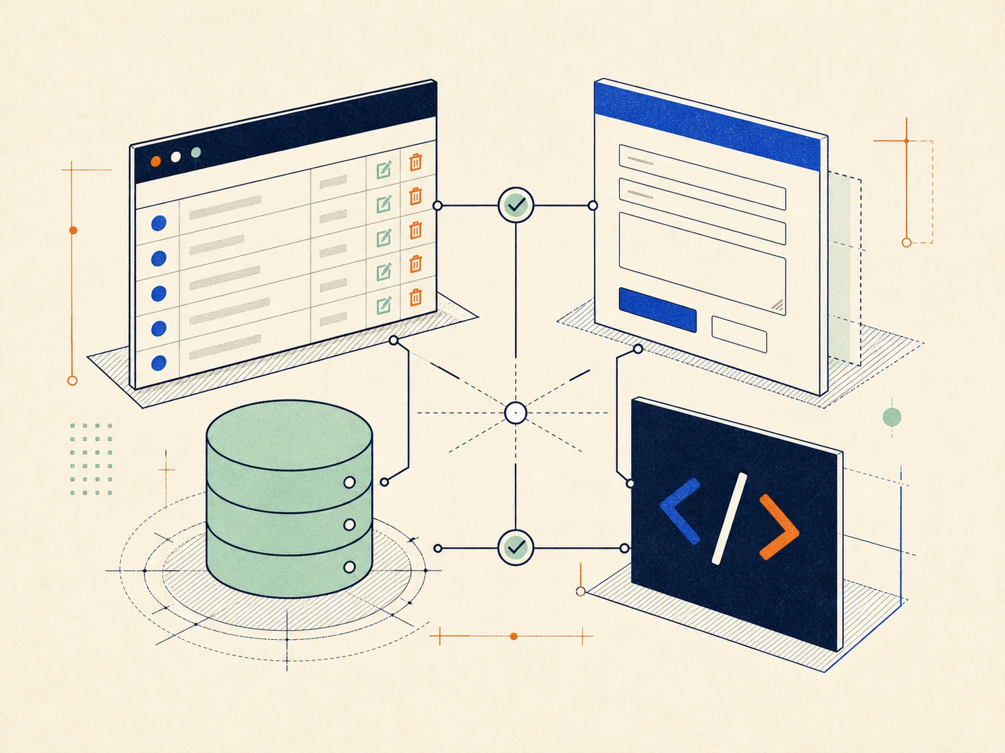 Technische illustratie van een formulier, tabel, database en code die met elkaar verbonden zijn